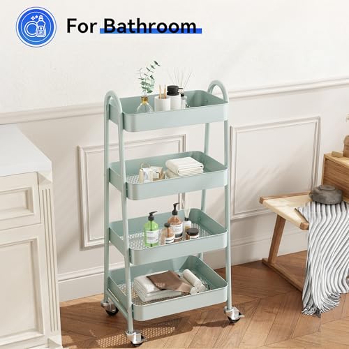 Image of OLIXIS Metal 4 Tiers Utility Rolling Cart, Mobile Storage Shelf with Lockable Caster Wheels, Organization for Livingroom, Bathroom, Kitchen, & Narrow Places, 4-Tier Green