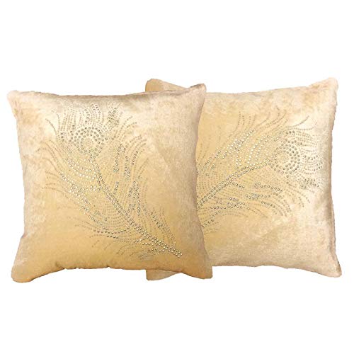 Buy indoAmor Peacock Feather Velvet and Lycra Cushion Covers (Beige