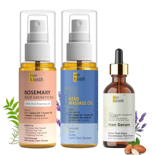 Image of Set of 3: Rosemary Hair Oil, Head Massage Oil & Hair Serum - For Hair Growth, Stress Relief & Smooth, Shiny Hair