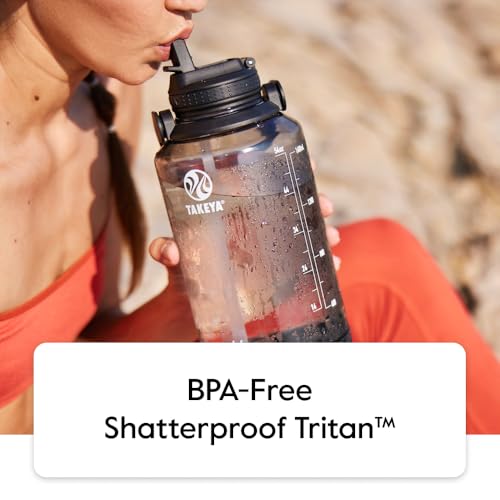 Image of Takeya Motivational Water Bottle with Straw Lid and Time Marker (64 oz, Vivacity Purple) - Leakproof, BPA Free Water Bottle for Daily Intake Tracking
