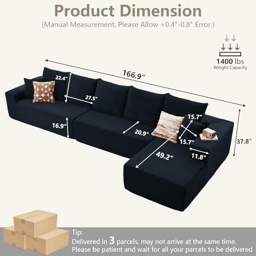 Image of 166.9 inch Cloud Sectional Couch with L-Shape Chaise, Upholstered Corduroy Couches Sleeper with Deep Seat, Modern Modular Comfy Sofa Chaise Longue for Living Room Bedroom, No Assembly Required, Black