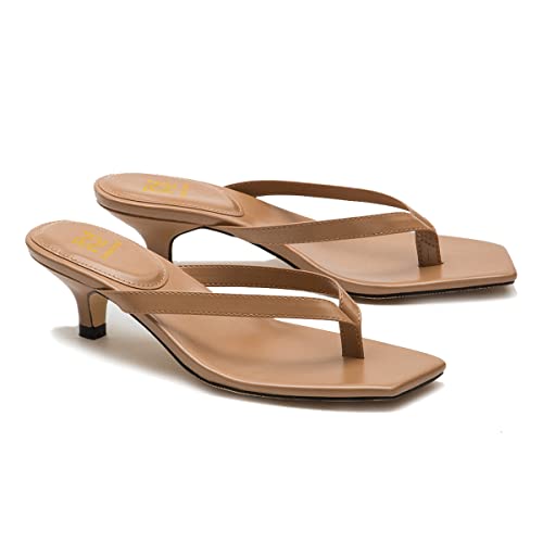 Lehoor Flip-Flops Mules Kitten Heels Tan Thong Sandals Square Open Toe For Women Slim Matte Leather T-Straps Mules Slippers Kitten Heeled Summer Comfortable For Daily Wear Beach 8 M Us #TOP1