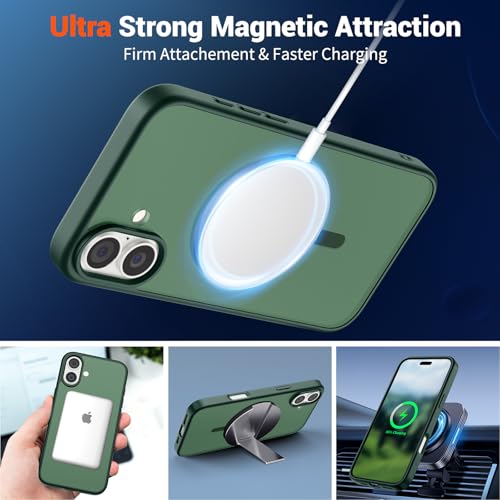 Image of SUPFINE Magnetic for iPhone 16 Plus Case (Compatible with MagSafe) (Military Grade Drop Protection) Slim Translucent Matte Shockproof with Anti-Fingerprint Phone Case,Forest Green