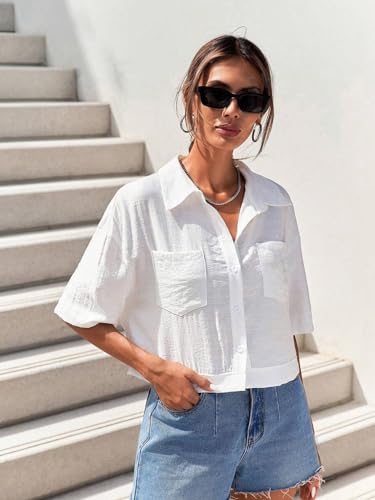 Image of TOPLOT V-Collar Solid Crop Shirt for Women with Half Sleeves, Polyester, Regular Fit