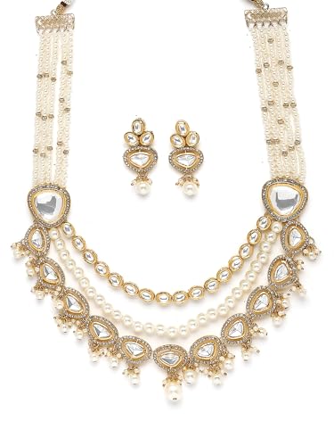 Image of Karatcart Gold Plated Green Crystal and Pearl Studded Kundan Rani-Haar Necklace Set for Women