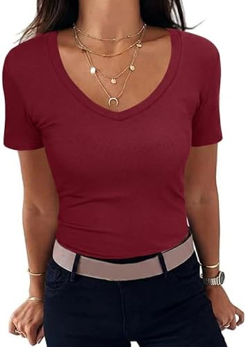 Aottori T-Shirt Damen V-Ausschnitt Gerippt Basic Top Kurzarm Sommer | Rippshirt, Oberteile, Slim Fit, Stretch, Eng, Elegant, Casual, Einfarbig, für Alltag Freizeit Büro