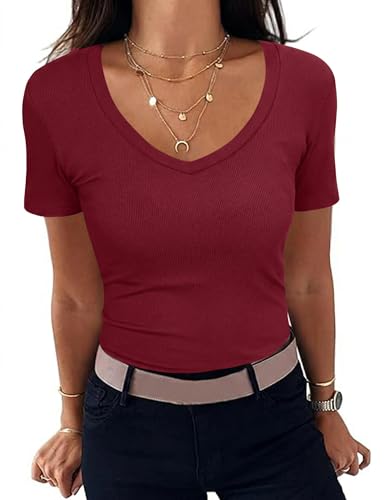 Aottori T-Shirt Côtelé pour Femme Haut élégant à Manches Courtes et col V Tshirt Basique Coupe Ajustée Extensible Décontracté Été Bordeaux M