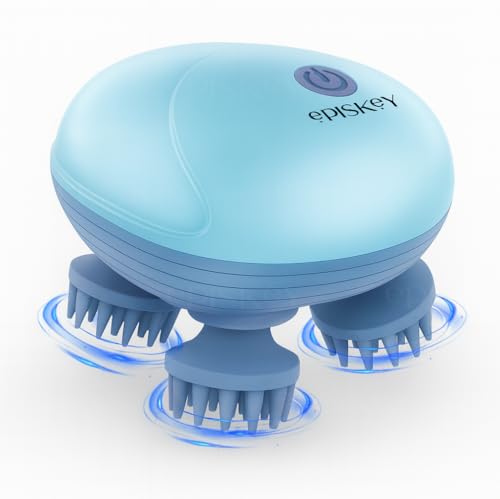 Image of Episkey Reviver Electric Scalp & Head Massager | 4 Rotating Kneading Heads with 96 Soft Silicone Nodes (Detachable & Washable) | Cordless Rechargeable Handheld for Relaxation & Stress Relief