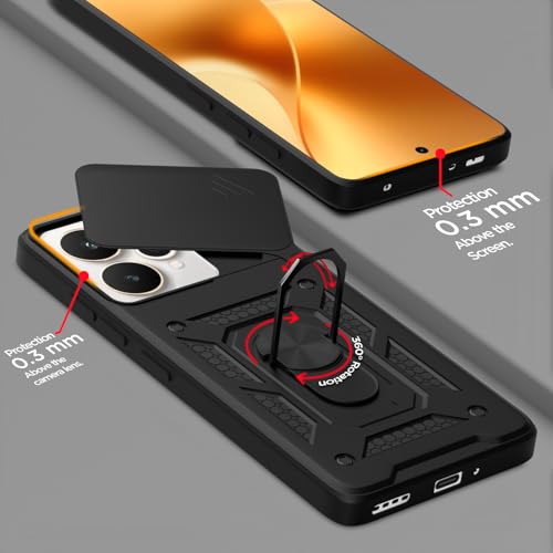 Image of Pikkme Back Cover for Realme 15 5G / Realme 15 Pro 5G | 360 Protection Case | Sliding Camera Shield Cover & Ring Holder Stand D10 Tough Armor Bumper Case (Black)