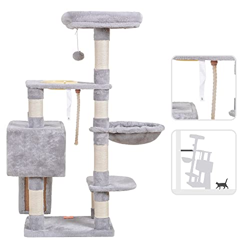 Image of Heybly Cat Tree, Cat Tower for Indoor Cats with Scratching Board, Multi-Level Cat Furniture Condo with Feeding Bowl Light Gray HCT010SW
