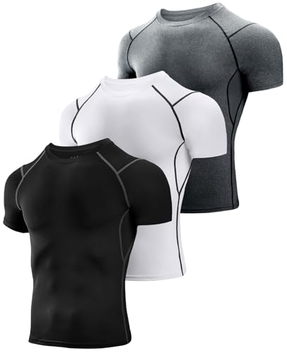 Niksa 3 Stück Kompressionsshirt Herren,Laufshirt Herren Kurzarm mit Unterarm Mesh kurzärmliges Funktionsshirt Atmungsaktiv Sportshirt Männer für Running Workout Fitness, Schwarz, Weiß, Grau, L