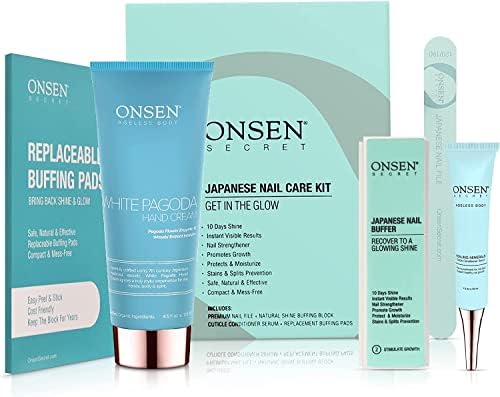Onsen Secret Complete Japanese Nail Care & Anti Aging Hand Cream Kit - Professional Nail File and Buffer, 3-Way Block w/Replacement Pads, Nail Strengthening Cuticle Cream & Anti Aging Hand Lotion