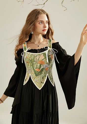 Image of SCARLET DARKNESS Corset Tops for Women Renaissance Costume Floral Lace Up Boned Bustier with Zip