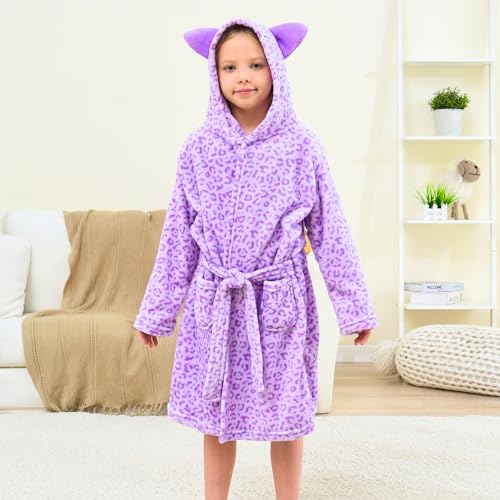 Piefry Katzen Bademantel für Mädchen Weiches Fleece Morgenmäntel mit Kapuze und Katzenohren (Leopard Lila, 10-11 Jahre)