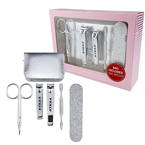 5PCS Stainless Steel Nail Clipper Set: Bigger Curved Clippers + Smaller Curved Clippers + Double Side Nail File + Eyebrow Scissor + Single-Edged Double Sided Stick, with Leather Case, NK-MS004