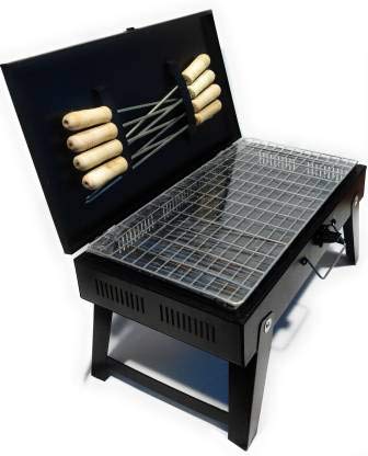 HOTBERG Briefcase and Picnic Metal Barbeque with 8 Skewers,1 Iron Grill and 1Packet of Charcoal, Black
