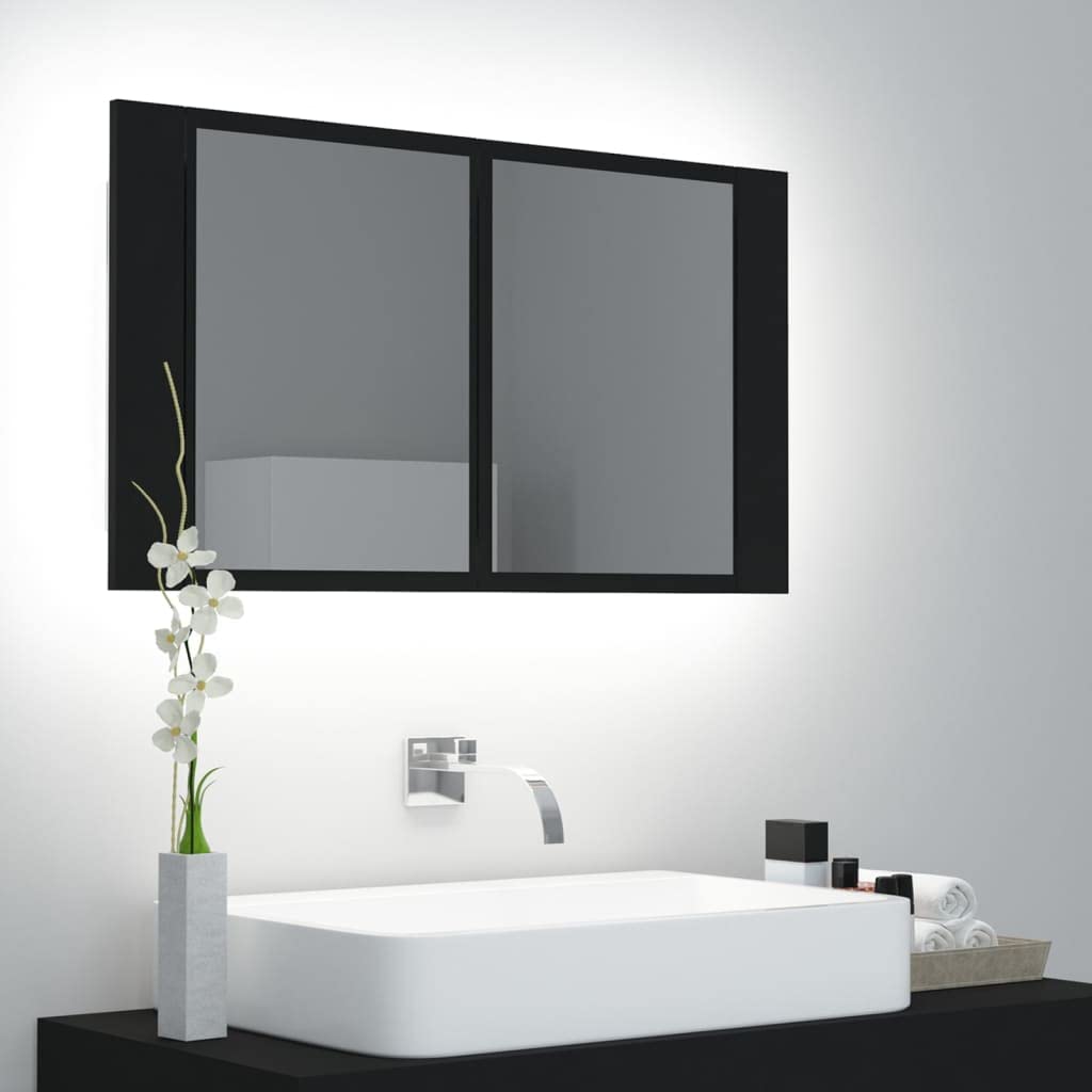 TREISL Armario con espejo para baño y casa con LED negro, 80 x 12 x 45 cm, contemporáneo, mueble de baño con estantes, amplio espacio de almacenamiento, elegante mueble joyero con espejo