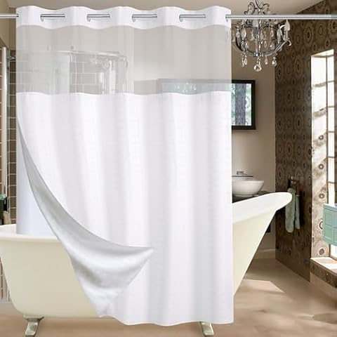 Conbo Mio Hotel Grade Fabric Shower Curtain with Snap in Liner for Bathroom with See Through Top Window, Spa, Machine Washable, Shower Curtain (Check-White,71Wx74H) Cover