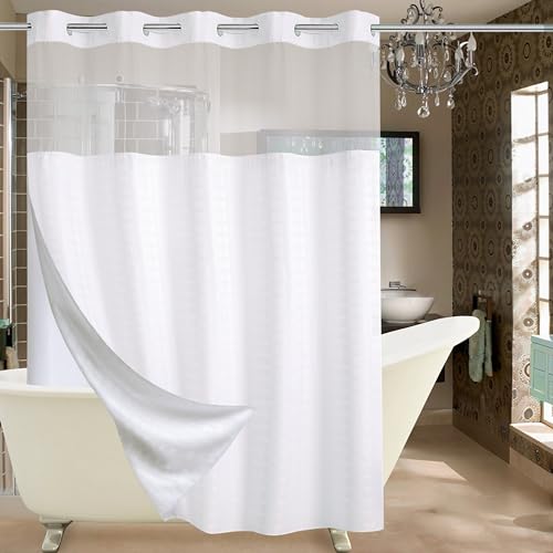 Conbo Mio No Hook Shower Curtain with Snap in Liner Set, Hotel Luxury White Shower Curtains for Bathroom with See Through Top Window, Waterproof, Washable 71W x 74H by Conbo Mio - Used condition - US$23.83