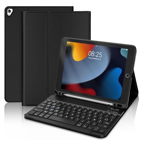 IVEOPPE Clavier Coque pour iPad 9ème/8ème/7ème Génération 2021/2020/2019 10.2”/iPad Air 3 10.5 2019/iPad Pro 10.5, AZERTY Français Magnétique Amovible Clavier Bluetooth Etui avec Porte Crayon, Noir