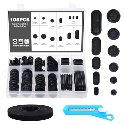 Knpwer 105 Stk Gummitülle Set,11 Größen Gummi Stopfen, Blindstopfen Gummi Sortiment, Kabeldurchführung Gummistopfen, Gummi Kabeldurchführung,mit Craft Messer und Kabelbinder Kit