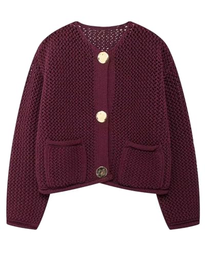 Women Casual Gold Button Down Cardigan Chunky Knit Long Sleeves Crew Neck Knitted Sweater with Pocket