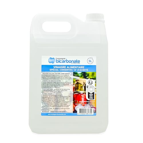 Vinaigre Blanc Alimentaire - 5L - 10° Acide Acétique, Fermentation Naturelle - Attendrir Viande, Conserver Des Aliments - La Compagnie du Bicarbonate, Fabriqué en...