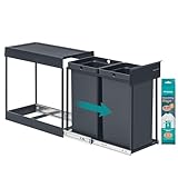 SONGMICS Poubelle de Tri Sélectif, Poubelle de Cuisine Extractible Coulissante, 2 Seaux de 15 L, Coulissement en Douceur, Structure en Acier, Couvercle en ABS, Gris LTB950GZ01