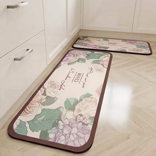 Image of HomeCloud Rubber Kitchen Mats for Floor Set of 2 Pcs|Non-Skid, Soft Absorbent Rugs for Kitchen, Laundry, and Hallway|120x40cm, 40x60cm| 4mm Thickness (Rose Beige Flower)