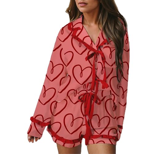 Image of Tenopuli Women Silk Satin Pajama Set Heart Print Bow Tie Long Sleeve Top Shorts Sleepwear Cute 2 Piece Loungewear