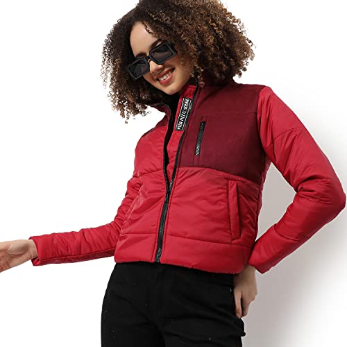 Image of Campus Sutra Women Red & Maroon Puffer Regular Fit Bomber Jacket For Winter Wear | Standing Collar | Full Sleeve | Zipper | Casual Jacket For Woman & Girl | Western Stylish Jacket For Women