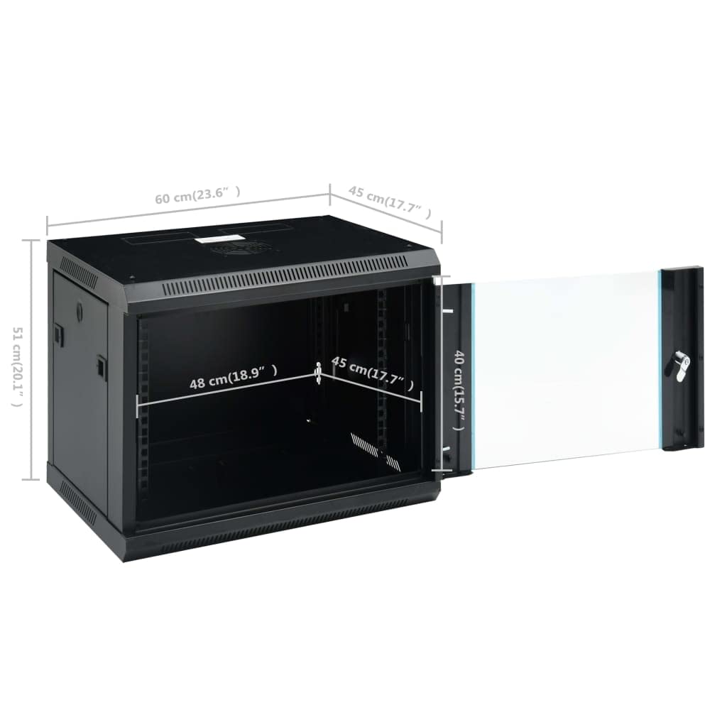 9U Armoire réseau murale 19" IP20, 600 x 450 x 510 mm, en acier laminé à froid, porte avant verrouillable, parois latérales amovibles pour routeur et modem à fibre optique