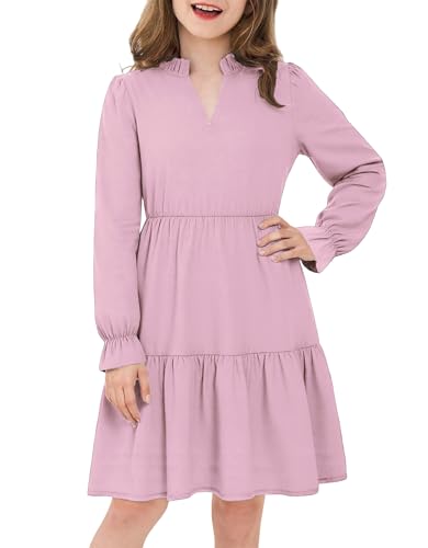 JiAmy Girls Fall Dress Long Sleeve V Neck Fashion Casual Loose Flowy Swing Tiered Dress with Pockets Pink 9-10 Years