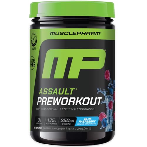 MusclePharm Assault Pre Workout Powder for Men & Women – Energy & Strength Boost Pre-Workout Supplements with Beta Alanine, Caffeine, Creatine & Betaine Anhydrous – 30 Servings, Blue Raspberry Flavor