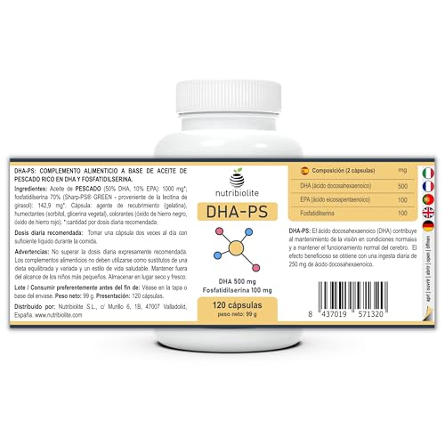 500 mg DHA (Triglicéridos) + 100 mg Fosfatidilserina Vegetal - Salud Cerebral y Ocular - Alta absorción - Sin Soja - 120 Mini-Perlas - DHA-PS Nutribiolite - imagen 8