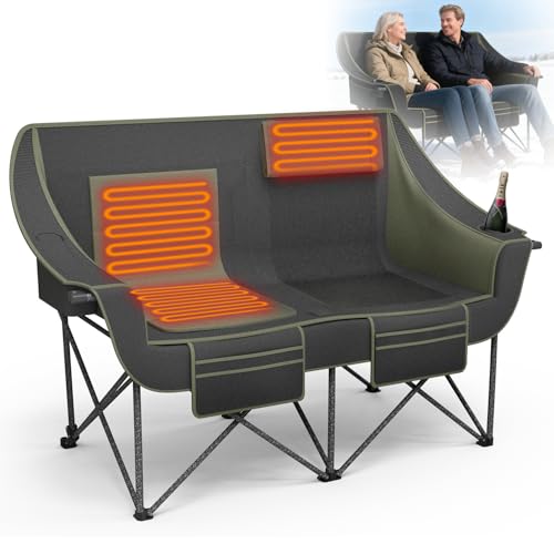 SHIJING Heated Double Camping Chair for Adults with 3 Heating Levels, 661lbs Weight Capacity, Portable Folding Heated Chair for Outdoor, Beach, RV, Picnic & Lawn (Battery Not Included)