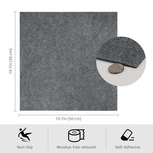 Vieshful Selbstklebende Teppichfliesen 50x50 cm, Zuschneidbare Teppichbodenfliesen, Weiche Nadelfilz Fliesen für Wohnbereich, Büro, Küche – 10 Fliesen pro Box / 2,5 m² Hellgrau