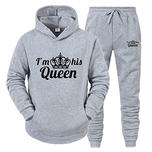Minetom King Queen Imprimé Survêtement Couple Ensemble de Sport Jogging Femme Homme Hoodie Top Sweat à Capuche et Pantalon 2 Pièces Set Gris Queen S
