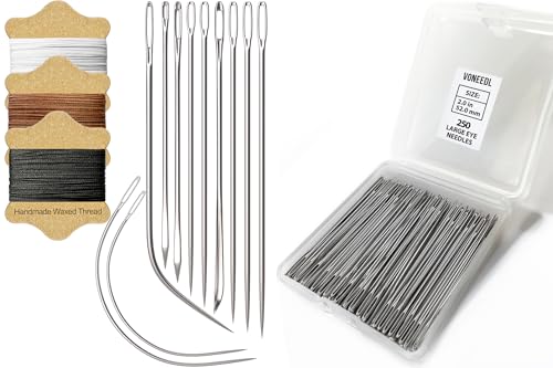 Hilo de coser encerado (3 colores), agujas pesadas (11 piezas), agujas afiladas de ojo grande (250 piezas) — Agujas duraderas para coser a mano, adecuadas para cuero, lona y más miniatura 1