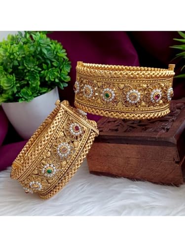 Efulgenz Indian Bangles for Women Gold Tone Bracelet Bangle Set Crystal Floral Engraved Style Hinge Openable Big Broad Bracelet Bangles Indian Bridal Jewelry for Wedding Bollywood Fashion Jewelry (2 Pcs)2