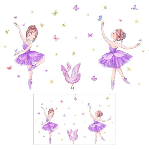 Image of Ballet Girls Wall Decals Inspirational Words Wall Stickers Princess Swan Girls Bedroom Decor Butterfly Fairy Wall Stickers for Bedroom Nursery Classroom Wall Decor (Purple)