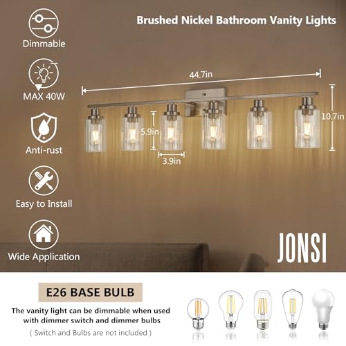 Image of Jonsi Brushed Nickel Bathroom Light Fixtures, 6-Light Brushed Nickel Vanity Light, Bathroom Vanity Light with Stripe Glass Shade, E26 Wall Sconces Over Mirror for Bathroom, Living Room, Hallway