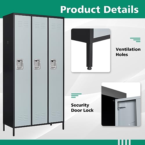 Letaya Metal Lockers for Employees-3 Door Storage Locker with Shelves and Lockable Steel Cabinet for School,Gym,Office,Staff (Black & Gray, 3 Door)