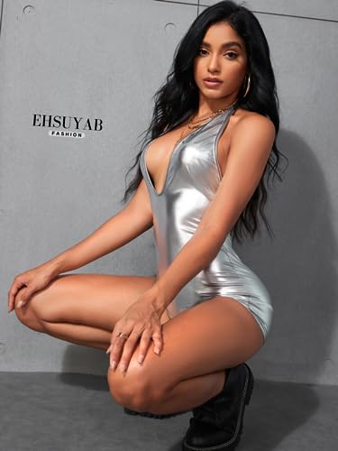 Image of EHSUYAB Sexy Metallic Bodycon Romper, Tie Halter, One Piece Backless Club Outfit