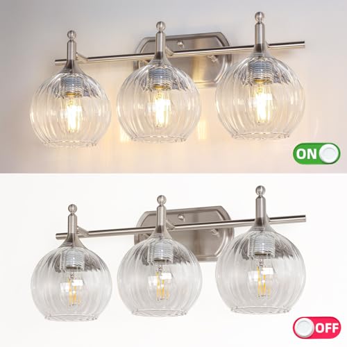Image of Bathroom Vanity Light Brushed Nickel Bathroom Light Fixtures with Clear Glass Shade Hardwired E26 Base(Max 60W) Chrome Modern 3-Light Vanity Lights