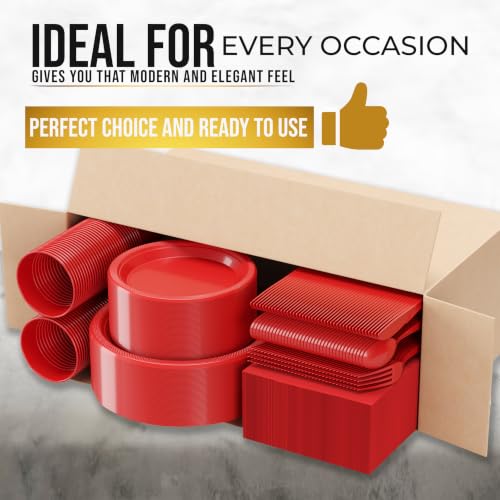 Image of Exquisite 350 Pcs Red Plates and Napkins Party Supplies Plate Sets | Sturdy Plastic Dinnerware Set With 9 inch & 7 inch Plates, 12 Oz Cups, Lunch Napkins and Cutlery Serves 50 for Birthdays & Everyday
