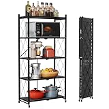 devesanter 5 Tier Space Saving Kitchen Shelf Organiser Folding Storage Shelves on Wheels Mobile Pantry Rack Utility Shelving Unit for Kitchen Garage and Laundry Bathroom Tool Organization（Black） - Image 1