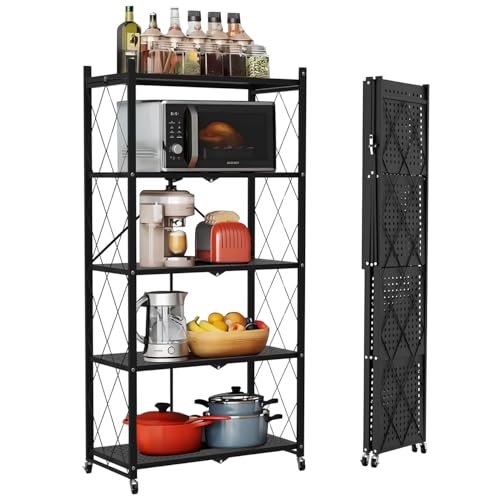 devesanter 5 Tier Space Saving Kitchen Shelf Organiser Folding Storage Shelves on Wheels Mobile Pantry Rack Utility Shelving Unit for Kitchen Garage and Laundry Bathroom Tool Organization（Black）