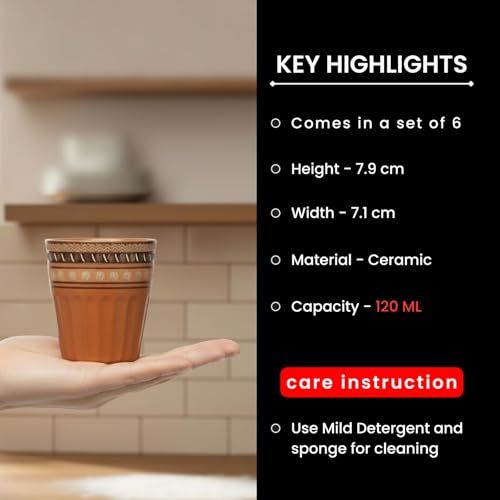 Image of ExclusiveLane 'Terra Tones' Ceramic Kullad Cups Set of 6 (120 ml, Earthern Brown, Microwave Safe, Handcrafted) | Kulhad Cups Kulhad Tea Cups Set of 6 Chai Kullad for Tea Cup Chai Cup
