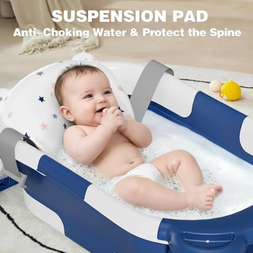 Image of TPN Collapsible Baby Bathtub, Baby Bath Tub with Soft Cushion & Real-Time Thermometer, Baby Bathtub Infant to Toddler Tub (0-36 Months), Portable Newborn Travel Bath Tub